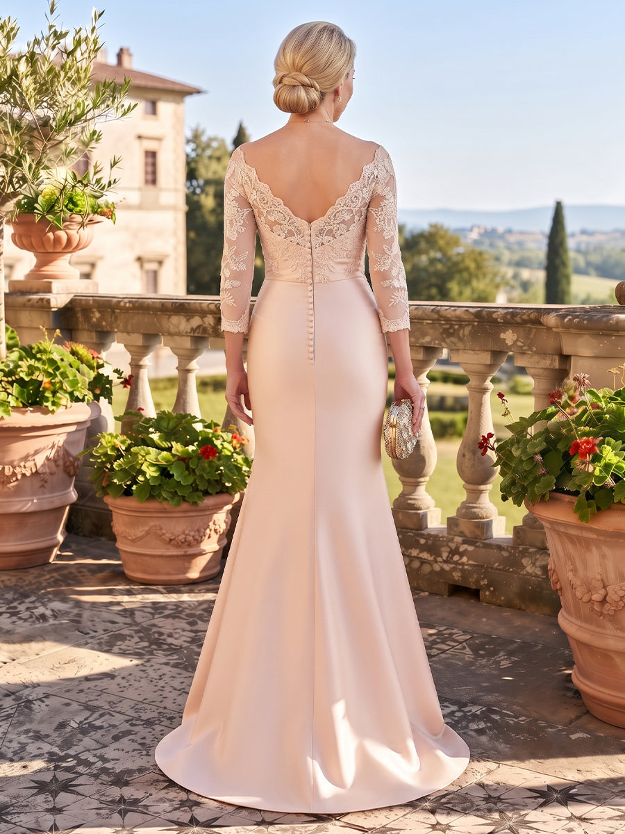Satin Mermaid Off the Shoulder Mother of the Bride Dresses with 3/4 Sleeves