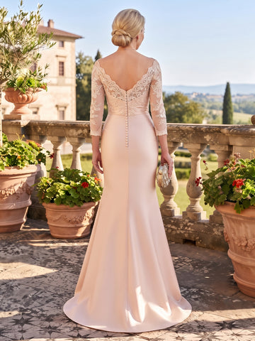 Satin Mermaid Off the Shoulder Mother of the Bride Dresses with 3/4 Sleeves