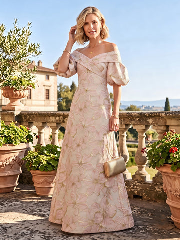 Jacquard A Line Off the Shoulder Mother of the Bride Dresses With Puff Sleeves