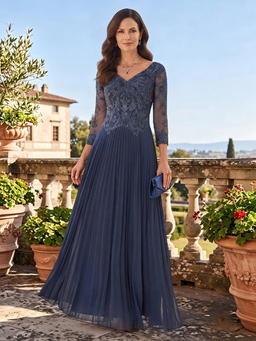 Chiffon A Line V Neck Mother of the Bride Dresses With 3/4 Sleeves