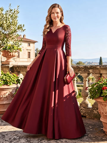 Satin A Line V Neck Mother of the Bride Dresses With 3/4 Sleeves