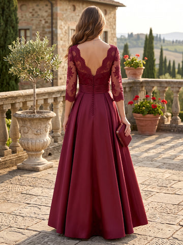 Satin A Line V Neck Mother of the Bride Dresses With 3/4 Sleeves