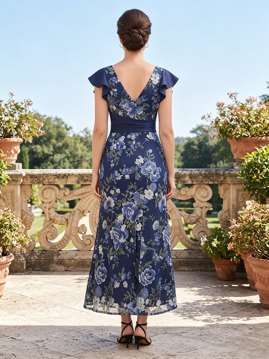 Print Tulle Flutter Sleeves Mermaid V Neck Mother of the Bride Dresses With Slit
