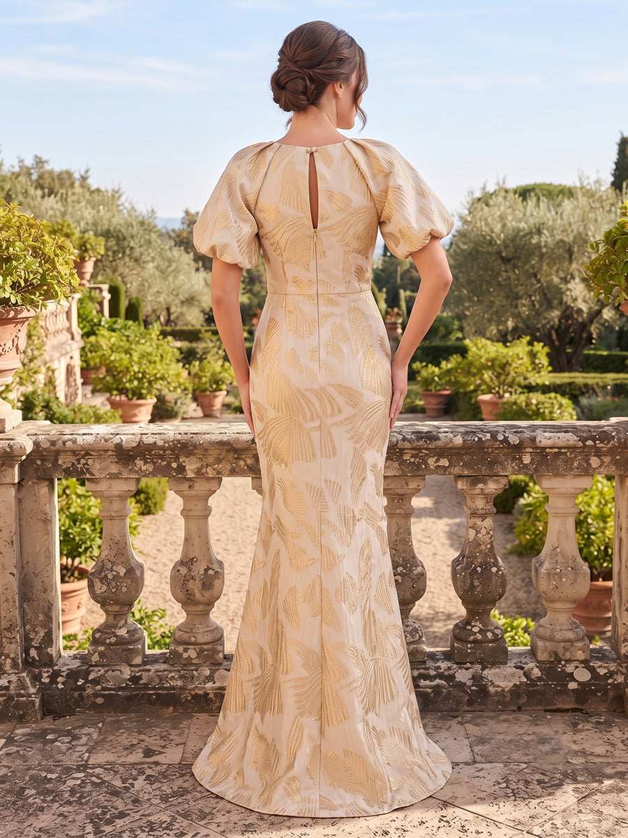 Jacquard Mermaid Round Neck Mother of the Bride Dresses with Puff Sleeves