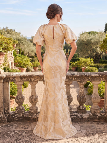 Jacquard Mermaid Round Neck Mother of the Bride Dresses with Puff Sleeves