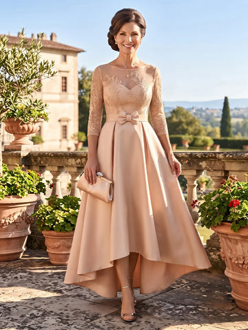 Satin A Line High Low 3/4 Sleeves Mother of the Bride Dresses with Bow