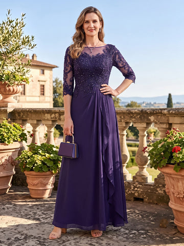 Chiffon A Line Round Neck Mother of the Bride Dresses with 3/4 Sleeves