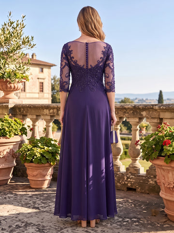 Chiffon A Line Round Neck Mother of the Bride Dresses with 3/4 Sleeves