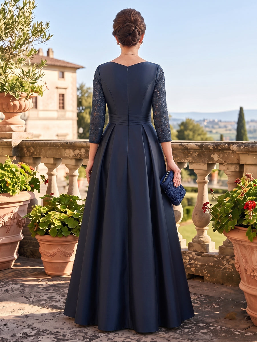 Satin A Line V Neck Mother of the Bride Dresses with 3/4 Sleeves