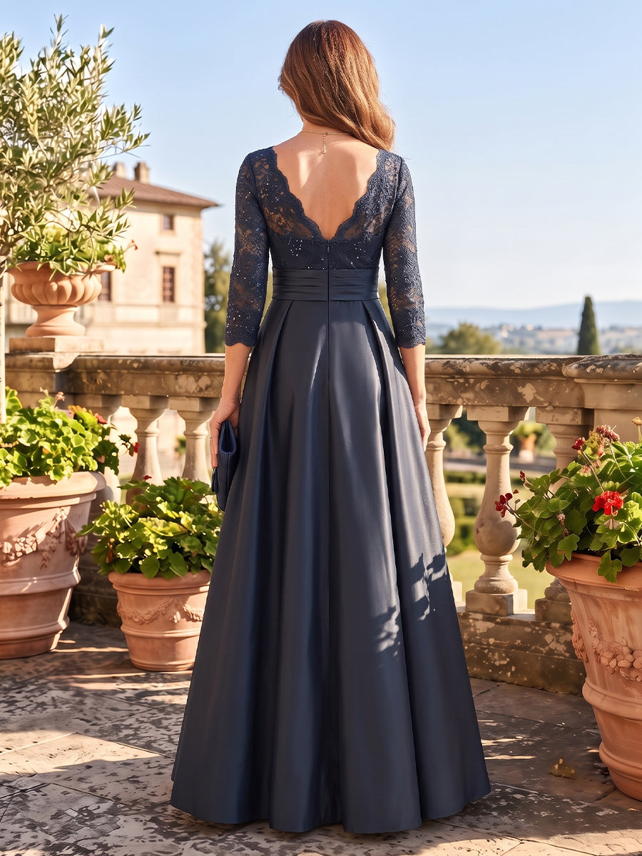 Satin A Line 3/4 Sleeves V Neck Mother of the Bride Dresses with Bow