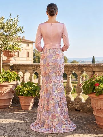 Satin Sheath V Neck 3/4 Sleeves Mother of the Bride Dresses with 3D Flower