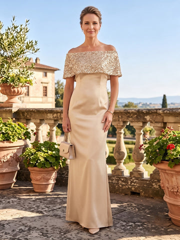 Satin Sheath Off the Shoulder Long Mother of the Bride Dresses