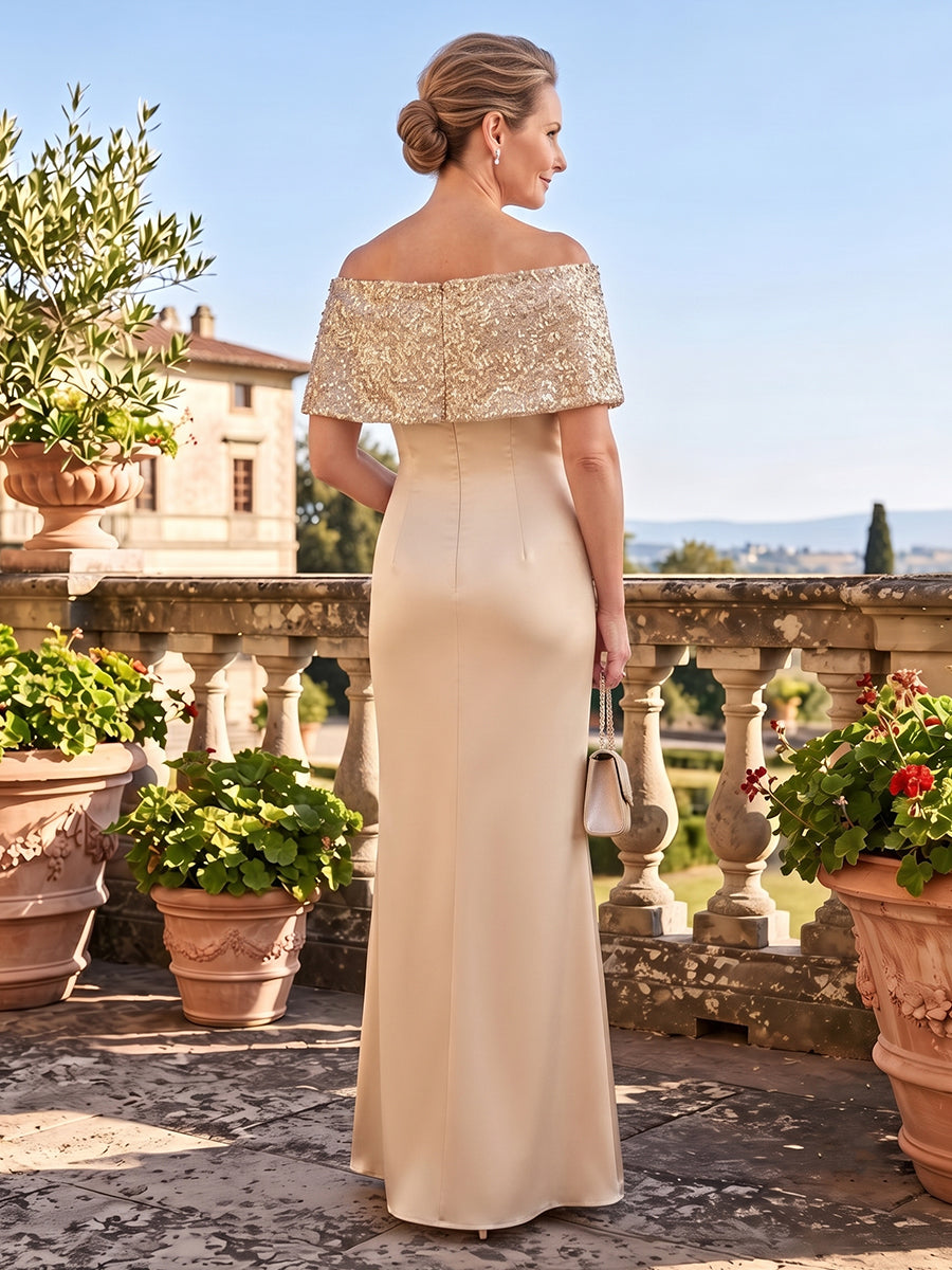 Satin Sheath Off the Shoulder Long Mother of the Bride Dresses