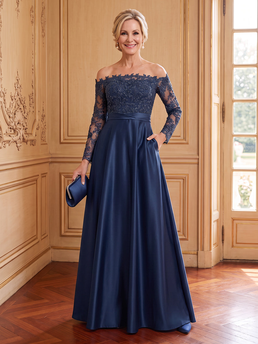 Satin A Line Off the Shoulder Long Sleeves Mother of the Bride Dresses with Pockets