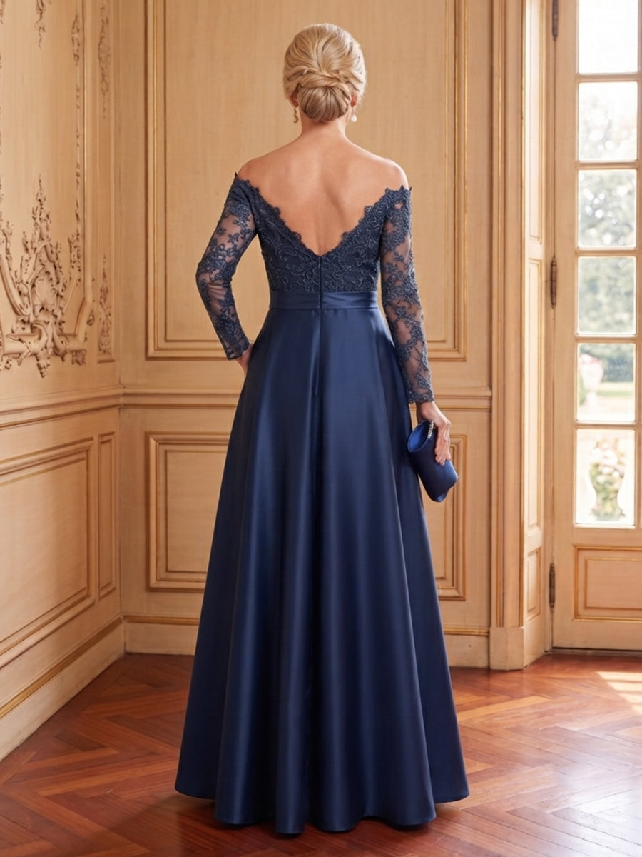 Satin A Line Off the Shoulder Long Sleeves Mother of the Bride Dresses with Pockets