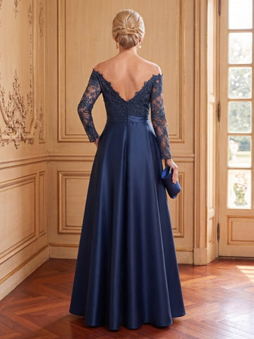 Satin A Line Off the Shoulder Long Sleeves Mother of the Bride Dresses with Pockets