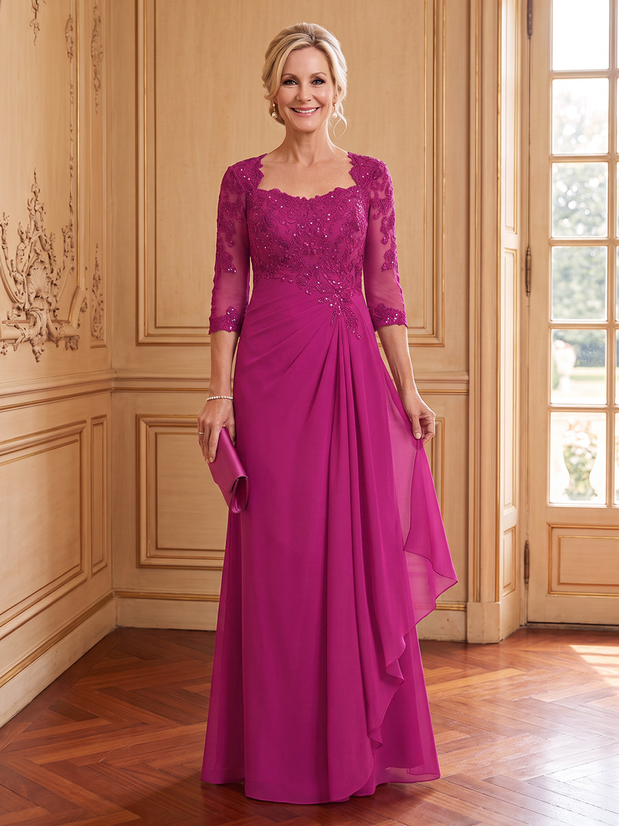 A Line Chiffon Square Neck 3/4 Sleeves Long Mother of the Bride Dresses