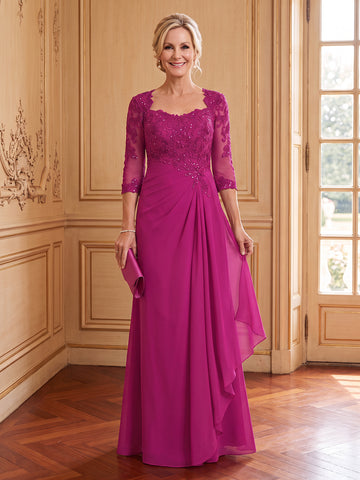 A Line Chiffon Square Neck 3/4 Sleeves Long Mother of the Bride Dresses