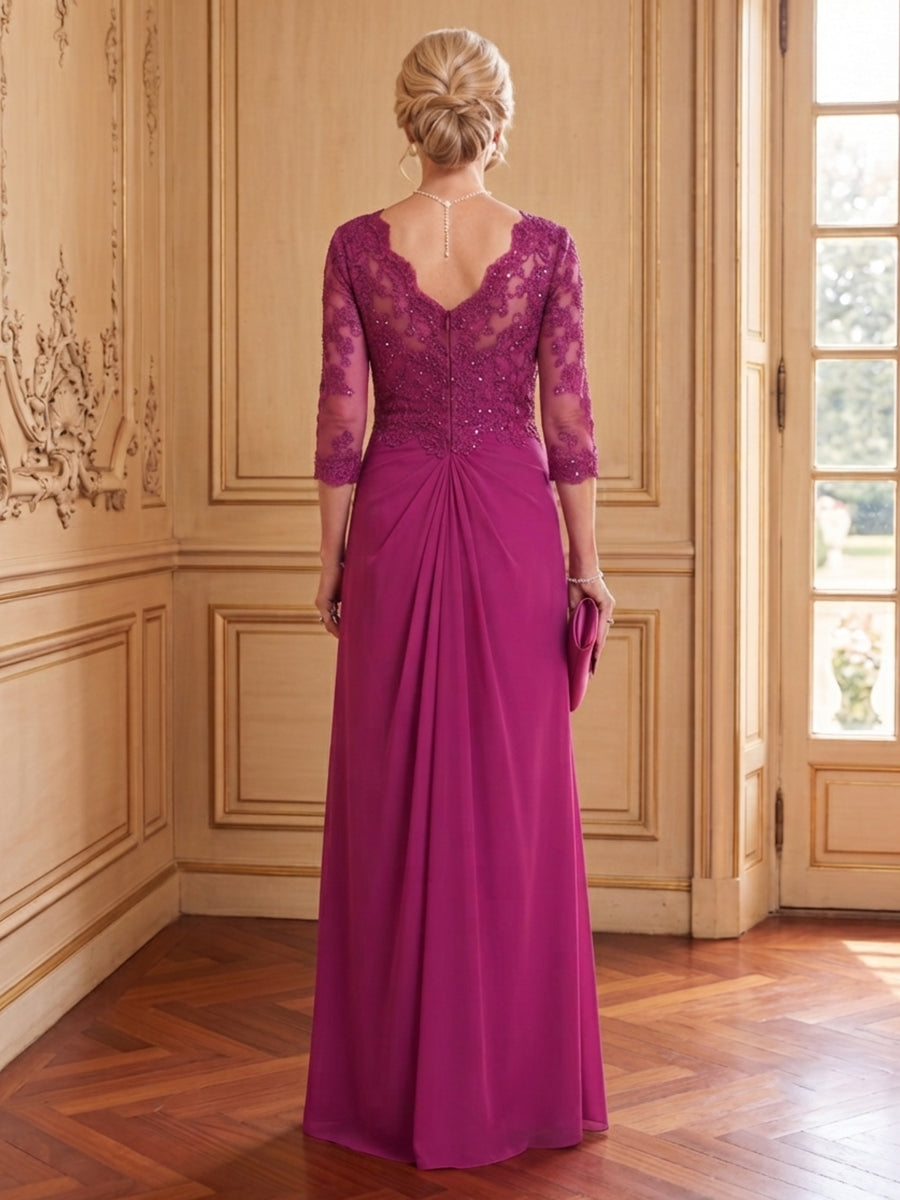 A Line Chiffon Square Neck 3/4 Sleeves Long Mother of the Bride Dresses