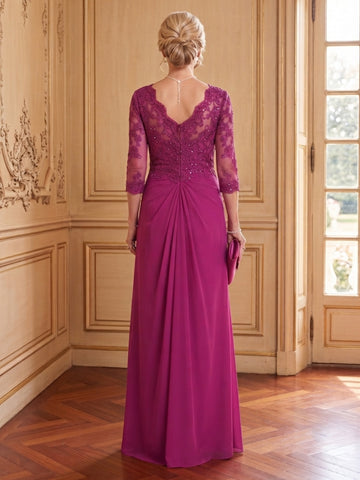 A Line Chiffon Square Neck 3/4 Sleeves Long Mother of the Bride Dresses