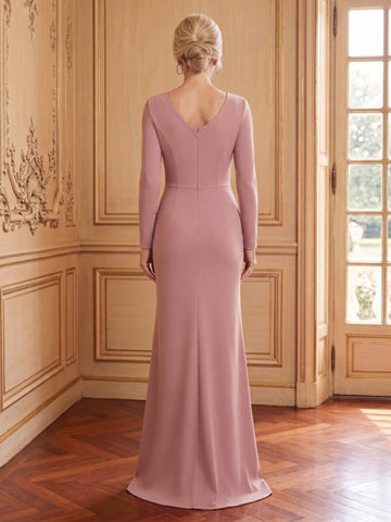 Satin Mermaid Deep V Neck Long Sleeves Mother of the Bride Dresses with Slit