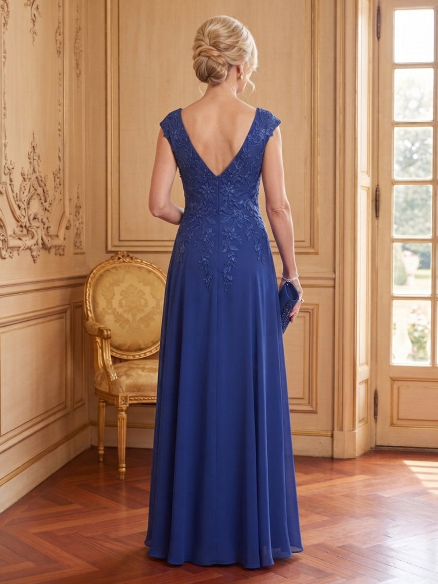 Chiffon A Line V Neck Sleeveless Long Mother of the Bride Dresses with Slit