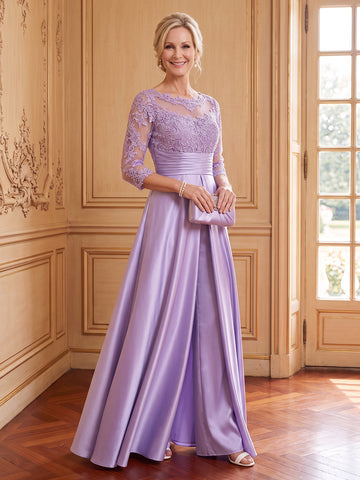 Satin A Line Boat Neck 3/4 Sleeves Long Mother of the Bride Dresses