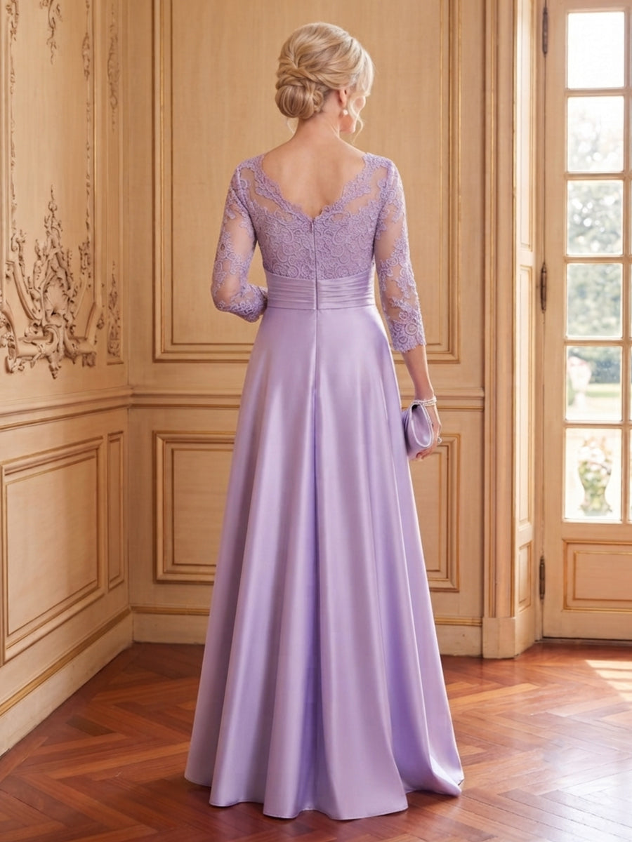 Satin A Line Boat Neck 3/4 Sleeves Long Mother of the Bride Dresses