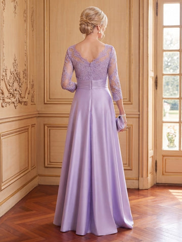 Satin A Line Boat Neck 3/4 Sleeves Long Mother of the Bride Dresses