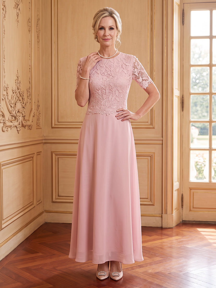 Chiffon A Line Crew Neck Short Sleeves Long Mother of the Bride Dresses