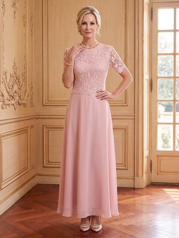 Chiffon A Line Crew Neck Short Sleeves Long Mother of the Bride Dresses
