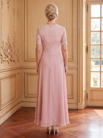 Chiffon A Line Crew Neck Short Sleeves Long Mother of the Bride Dresses