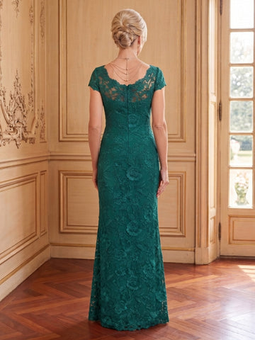 Lace Mermaid Scoop Neck Cap Sleeves Long Mother of the Bride Dresses