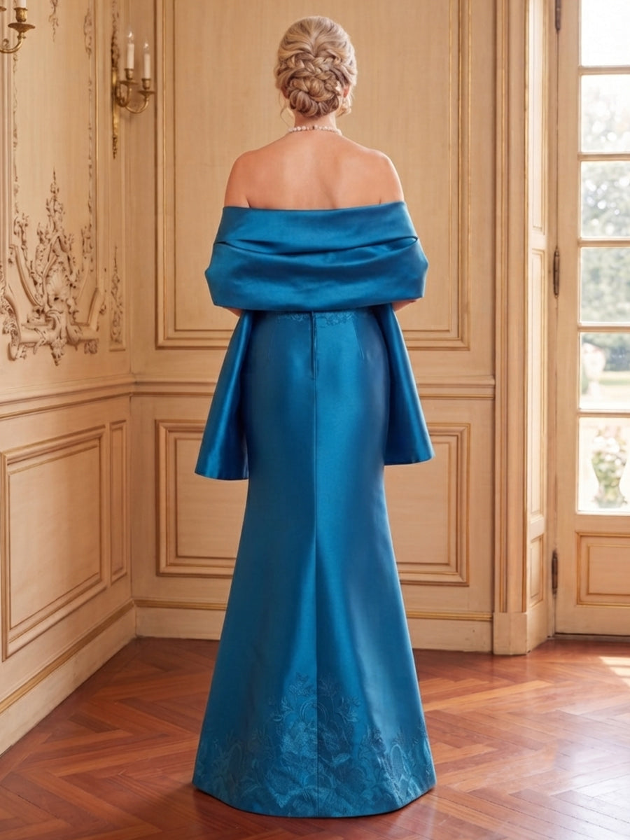 Satin Mermaid Strapless Sleeveless Long Mother of the Bride Dresses with Shawl