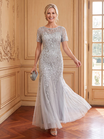 Tulle Mermaid Crew Neck Short Sleeves Long Mother of the Bride Dresses