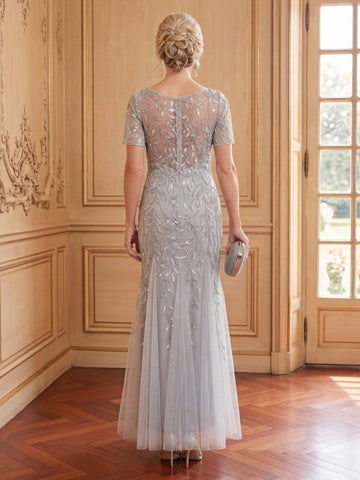 Tulle Mermaid Crew Neck Short Sleeves Long Mother of the Bride Dresses