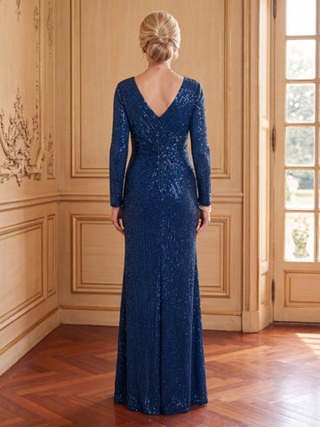 Sequins Mermaid V Neck Long Sleeves Long Mother of the Bride Dresses