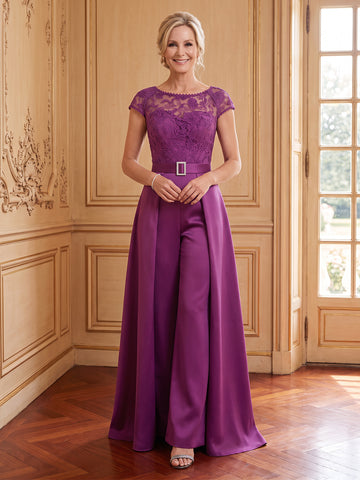 Satin Pantsuit Boat Neck Cap Sleeves Long Mother of the Bride Dresses