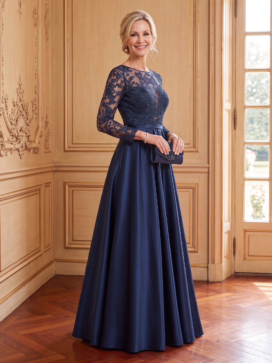 Satin A Line Crew Neck Long Sleeves Mother of the Bride Dresses