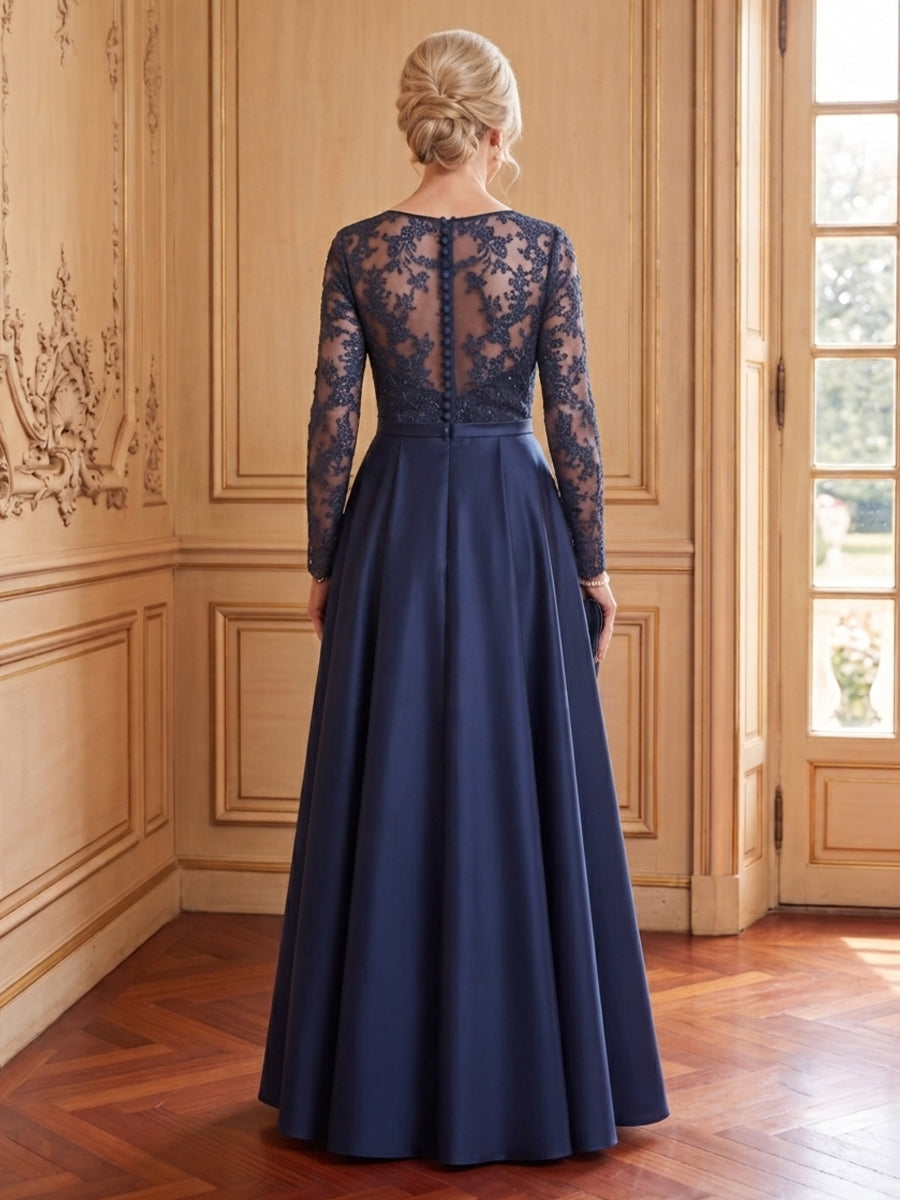 Satin A Line Crew Neck Long Sleeves Mother of the Bride Dresses