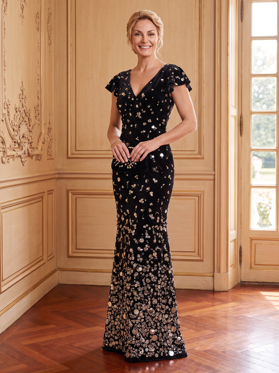 Velvet Mermaid V Neck Short Sleeves Mother of the Bride Dresses