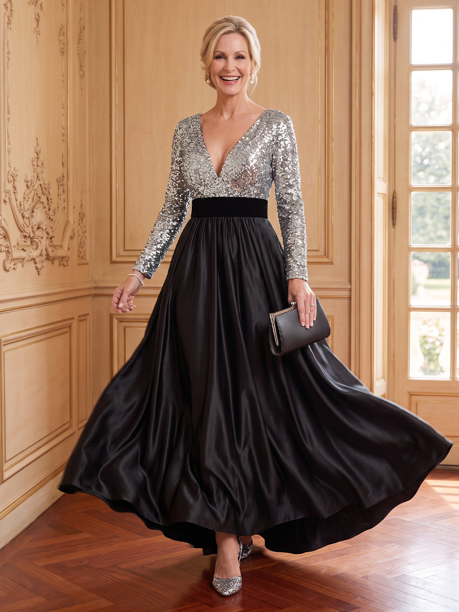 Satin A Line Deep V Neck Long Sleeves Mother of the Bride Dresses