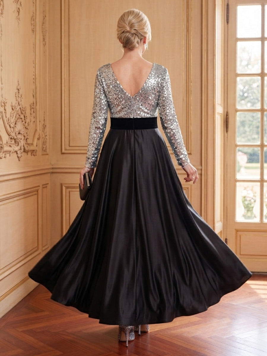 Satin A Line Deep V Neck Long Sleeves Mother of the Bride Dresses