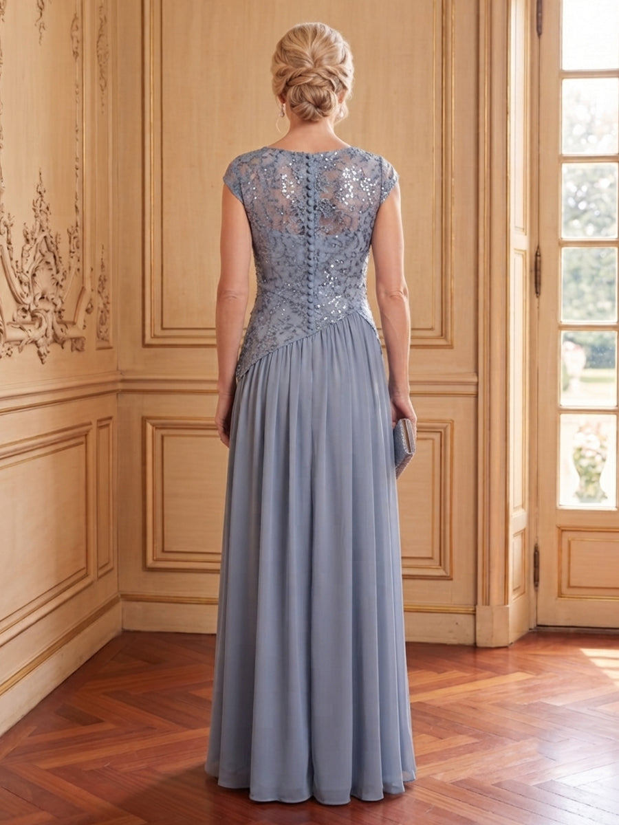 Chiffon A Line Scoop Neck Cap Sleeves Long Mother of the Bride Dresses with Slit