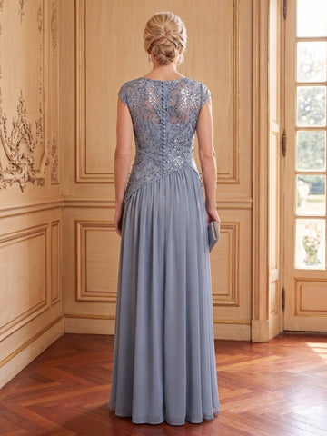 Chiffon A Line Scoop Neck Cap Sleeves Long Mother of the Bride Dresses with Slit