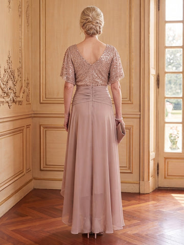 Chiffon A Line V Neck Short Sleeves High Low Mother of the Bride Dresses