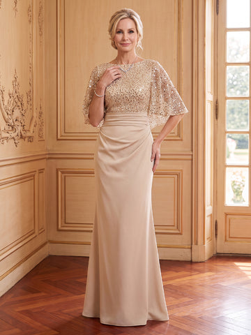 Satin Mermaid Scoop Neck 1/2 Sleeves Long Mother of the Bride Dresses