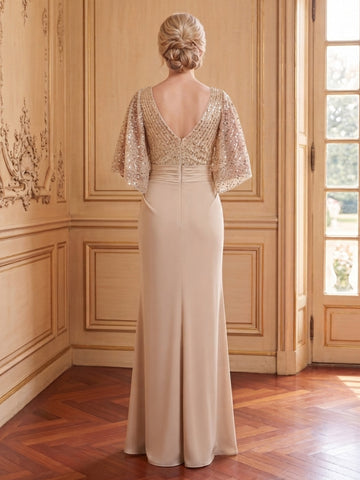 Satin Mermaid Scoop Neck 1/2 Sleeves Long Mother of the Bride Dresses