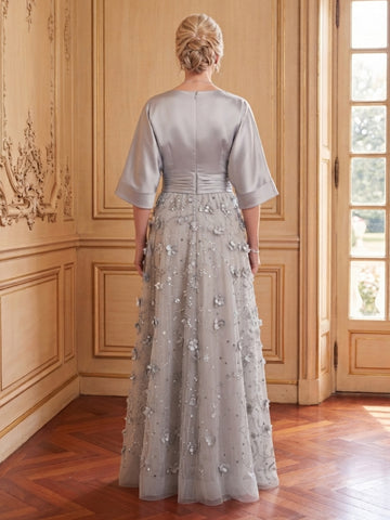 Satin A Line V Neck 3/4 Sleeves Long Mother of the Bride Dresses