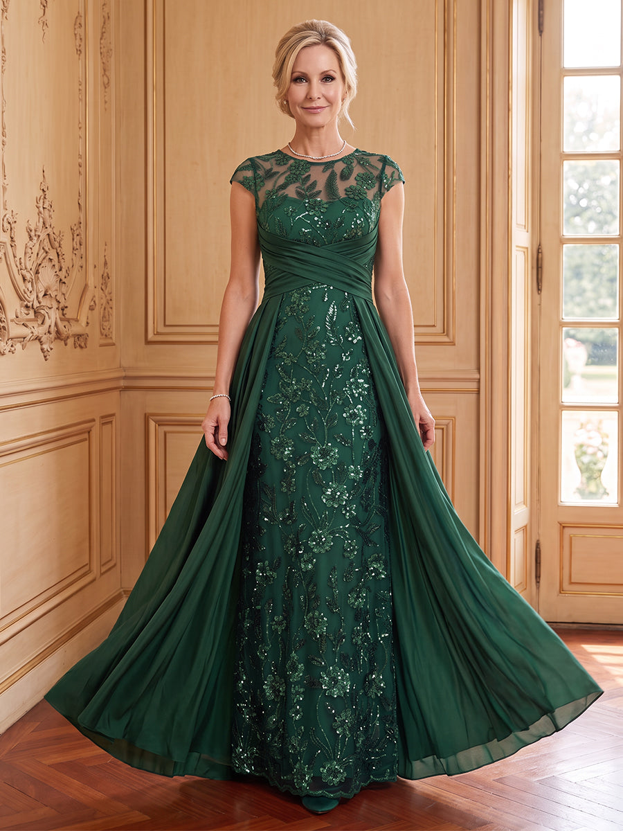 Chiffon A Line Scoop Neck Cap Sleeves Long Mother of the Bride Dresses